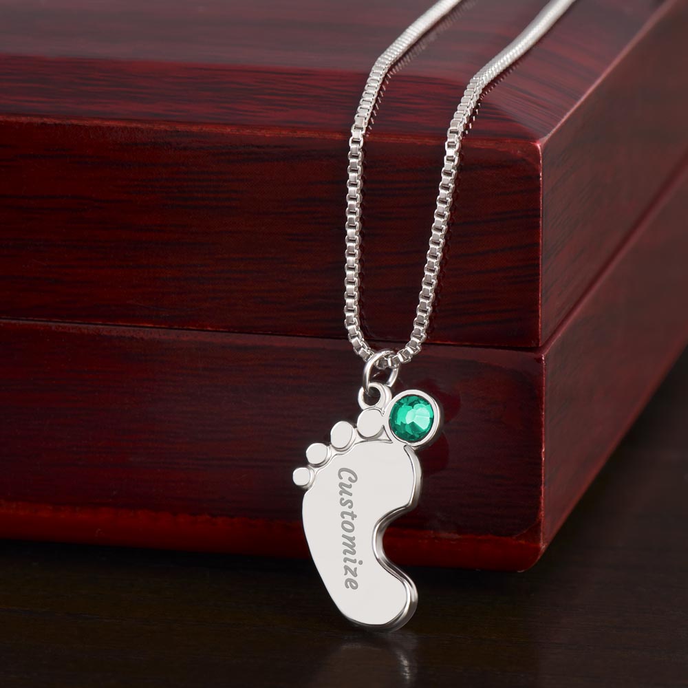 Engraved Baby Feet Necklace with Birthstone - Dear Grandma