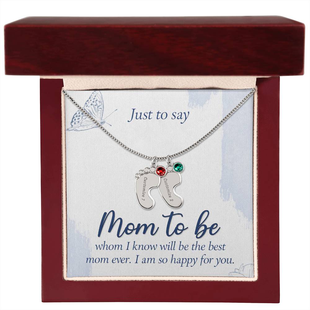 Engraved Baby Feet Necklace with Birthstone - Mom To Be