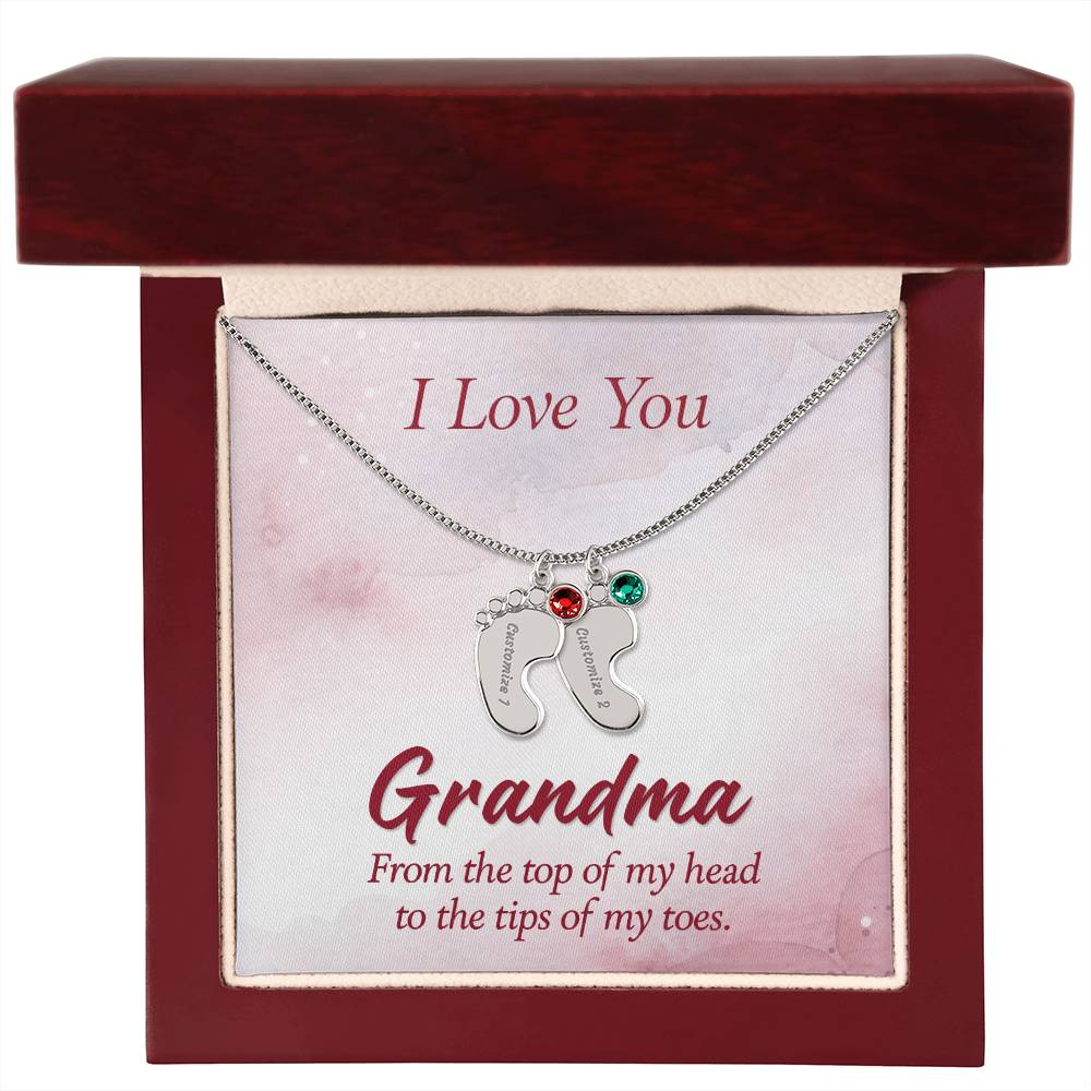 Engraved Baby Feet Necklace with Birthstone - I Love You Grandma