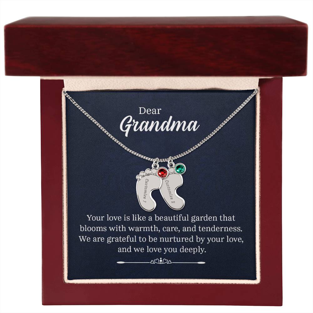 Engraved Baby Feet Necklace with Birthstone - Dear Grandma