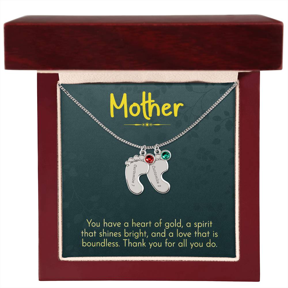 Engraved Baby Feet Necklace with Birthstone - Mom, Thank You for All You Do