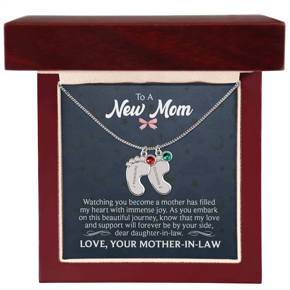 Engraved Baby Feet Necklace with Birthstone - To A New Mom