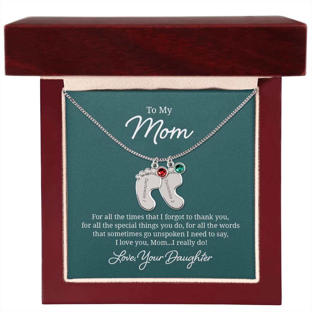 Engraved Baby Feet Necklace with Birthstone - I Love You Mom