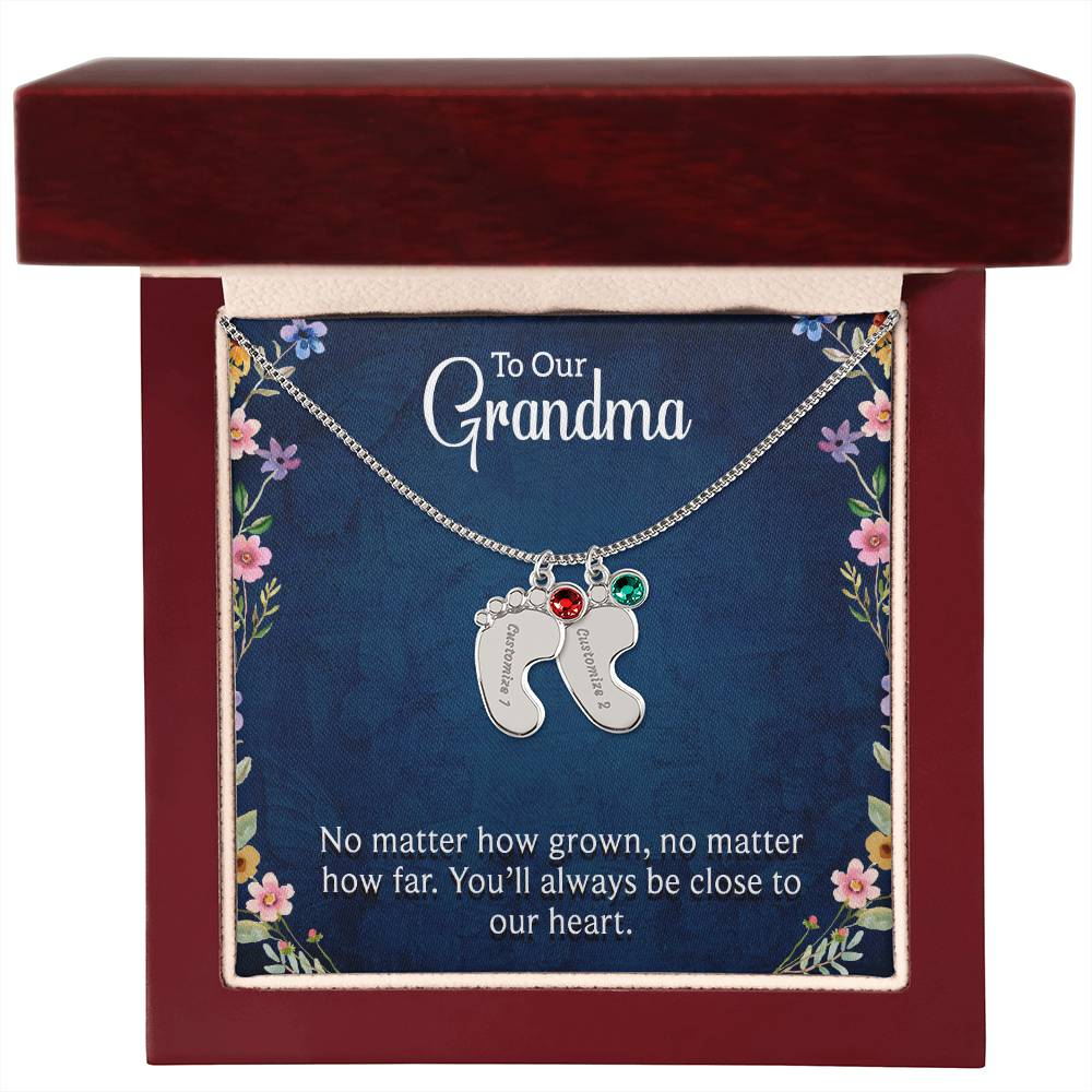Engraved Baby Feet Necklace with Birthstone - To Our Grandma