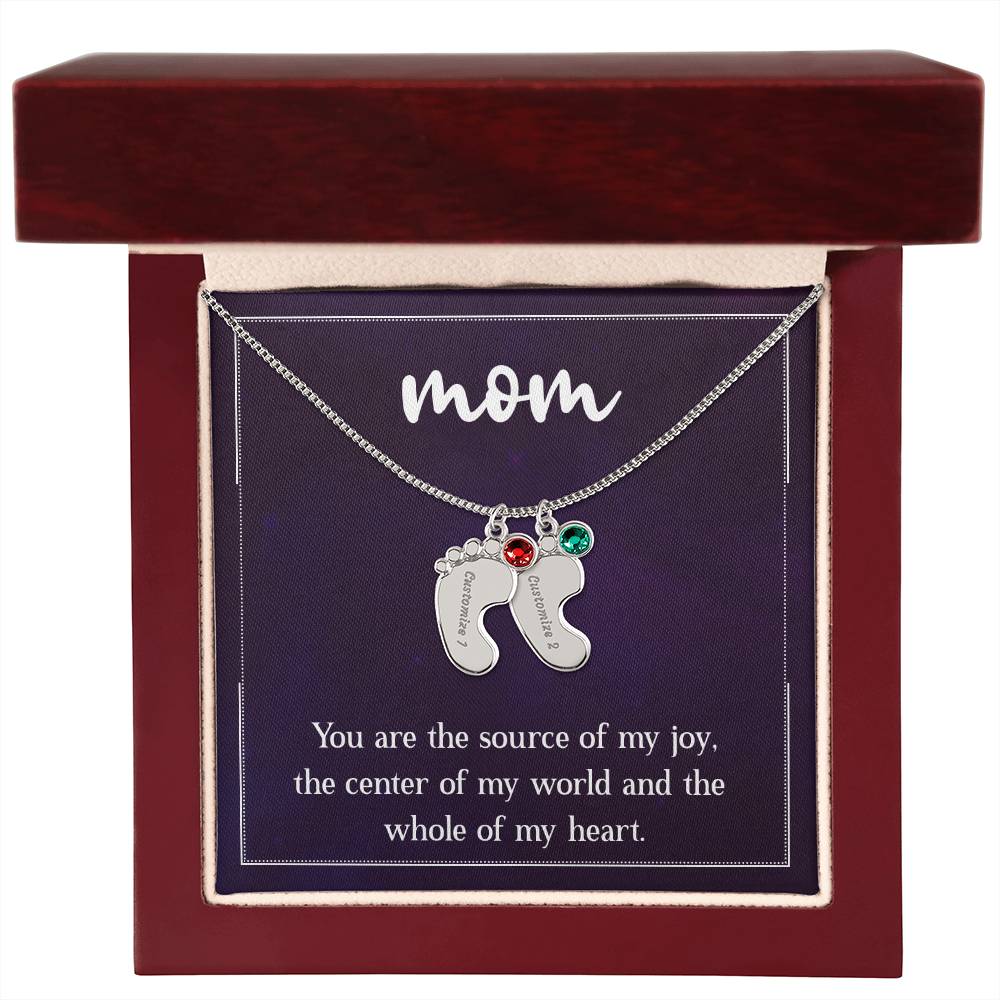 Engraved Baby Feet Necklace with Birthstone - Mom, You Are The Source Of My Joy
