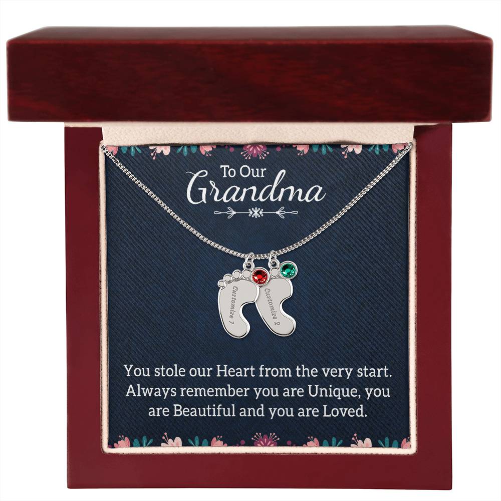 Engraved Baby Feet Necklace with Birthstone -To Our Grandma