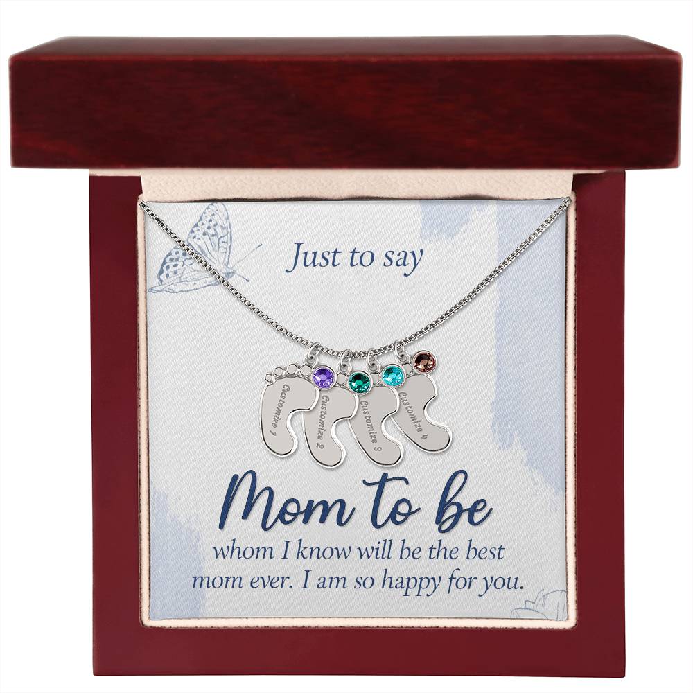 Engraved Baby Feet Necklace with Birthstone - Mom To Be