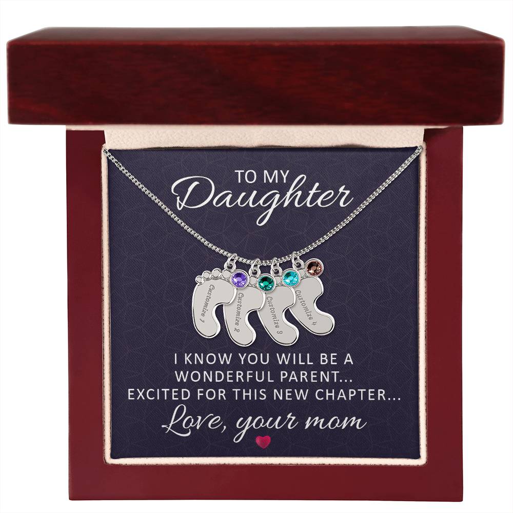 Engraved Baby Feet Necklace with Birthstone - I Know You Will Be A Wonderful Parent