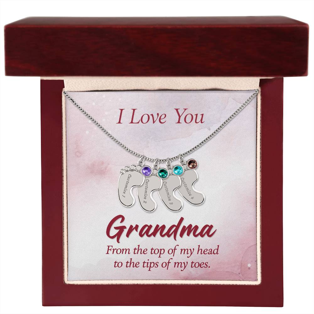 Engraved Baby Feet Necklace with Birthstone - I Love You Grandma