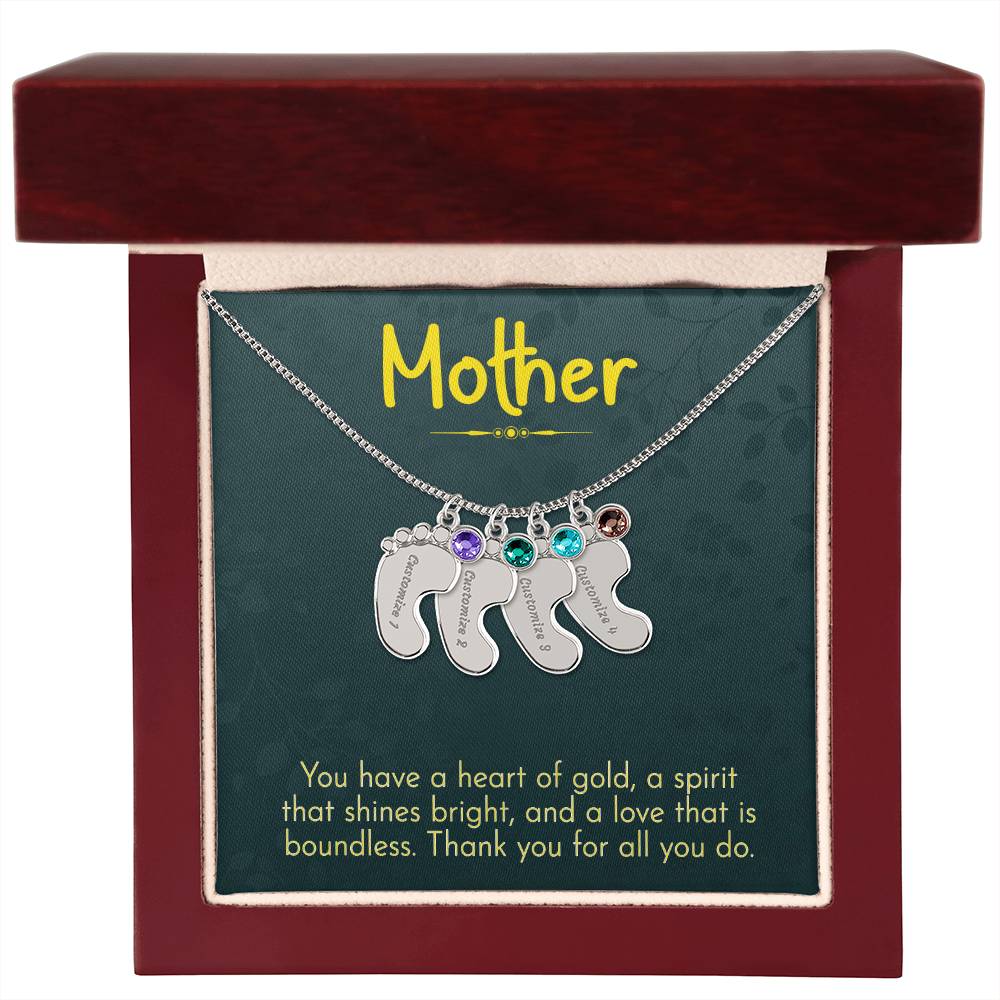 Engraved Baby Feet Necklace with Birthstone - Mom, Thank You for All You Do
