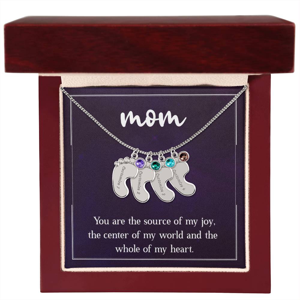 Engraved Baby Feet Necklace with Birthstone - Mom, You Are The Source Of My Joy