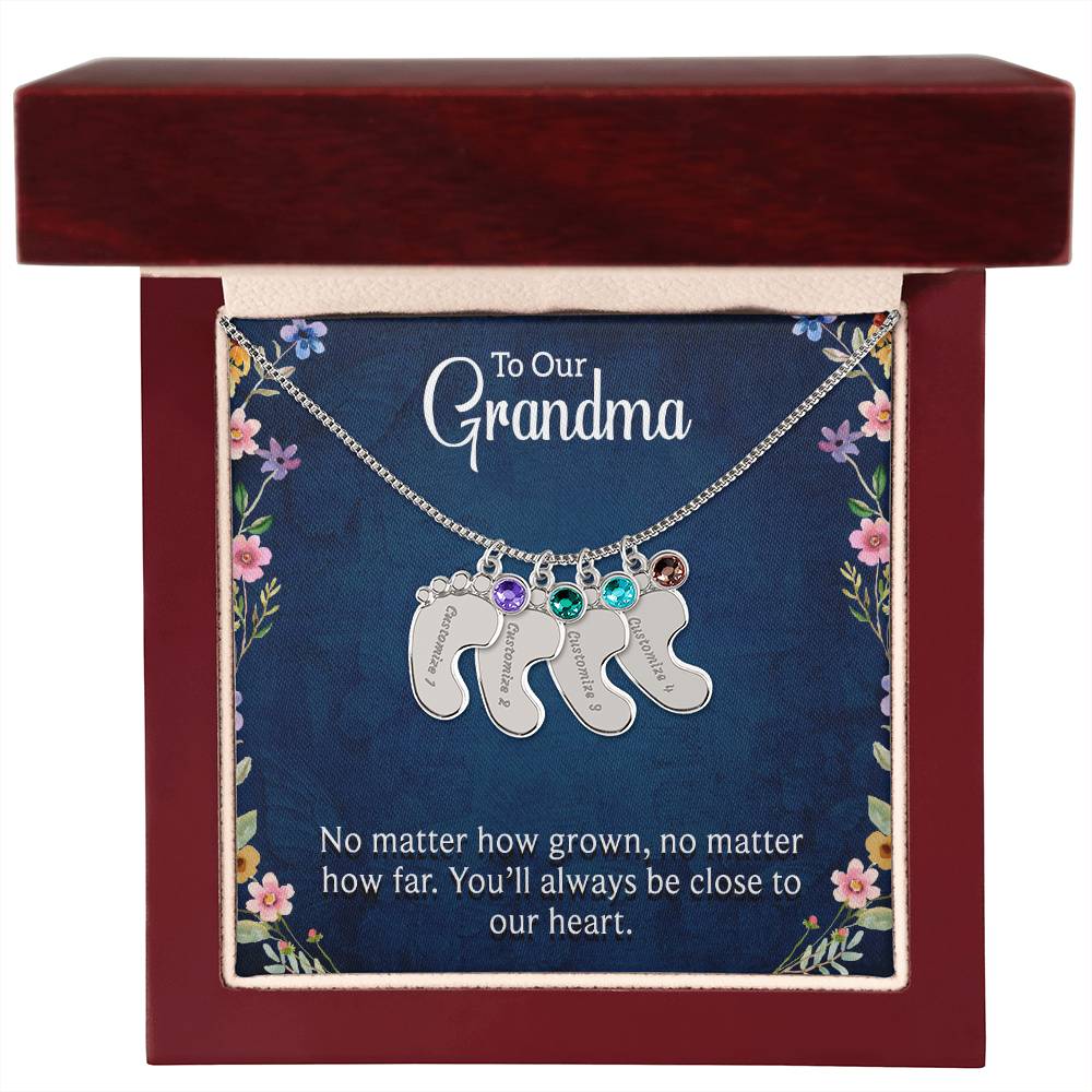 Engraved Baby Feet Necklace with Birthstone - To Our Grandma