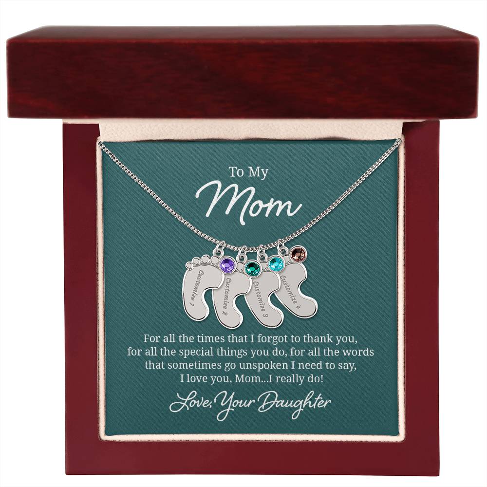 Engraved Baby Feet Necklace with Birthstone - I Love You Mom