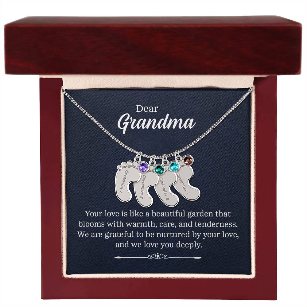 Engraved Baby Feet Necklace with Birthstone - Dear Grandma