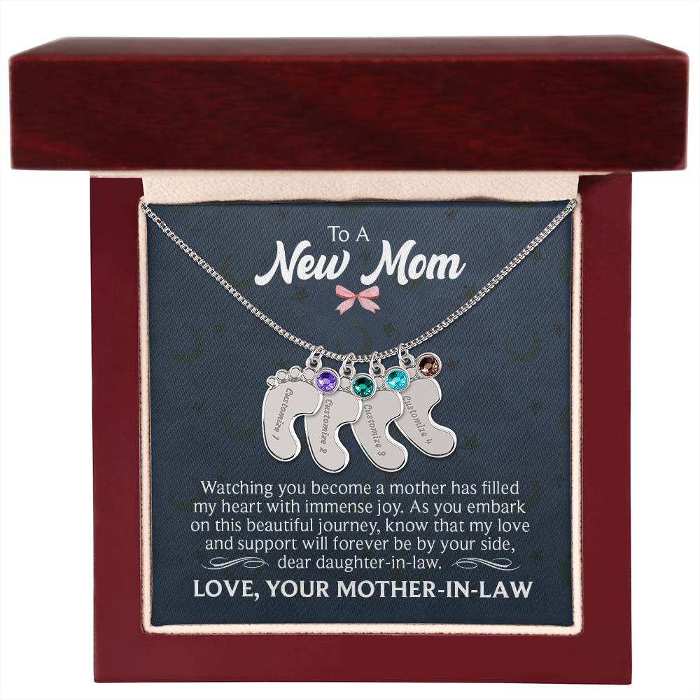 Engraved Baby Feet Necklace with Birthstone - To A New Mom
