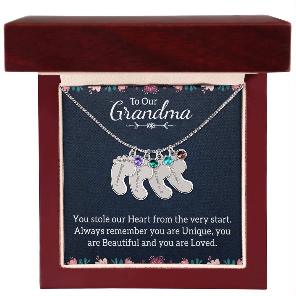 Engraved Baby Feet Necklace with Birthstone -To Our Grandma