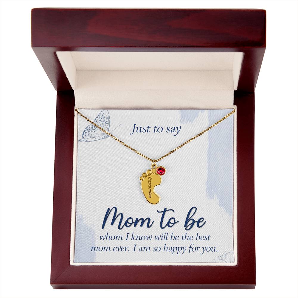 Engraved Baby Feet Necklace with Birthstone - Mom To Be