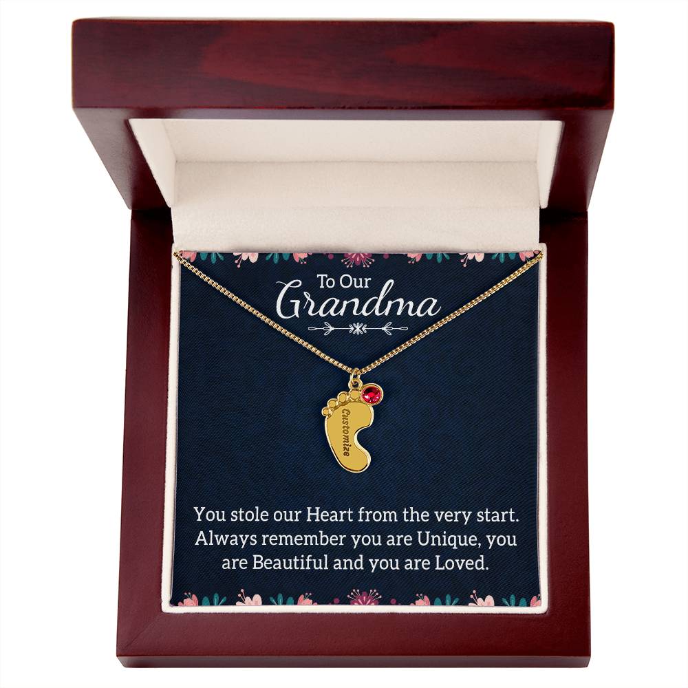 Engraved Baby Feet Necklace with Birthstone -To Our Grandma