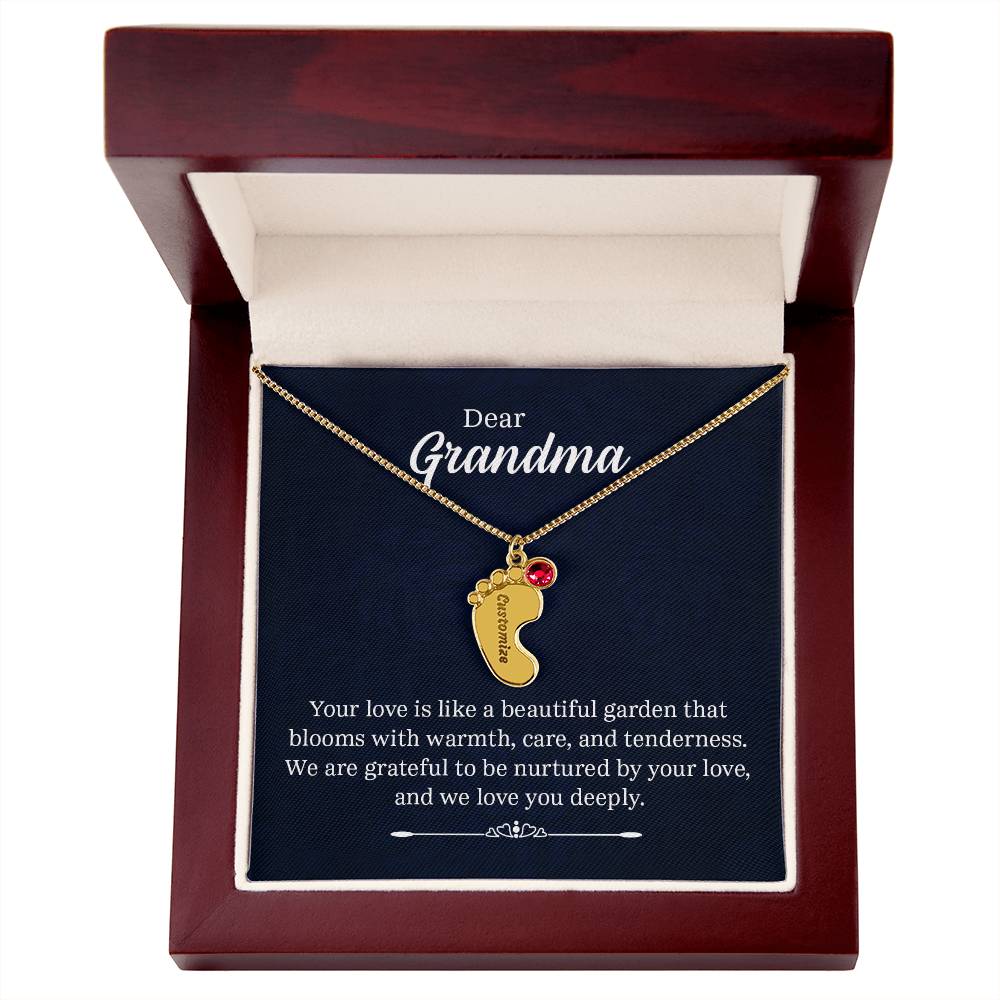 Engraved Baby Feet Necklace with Birthstone - Dear Grandma