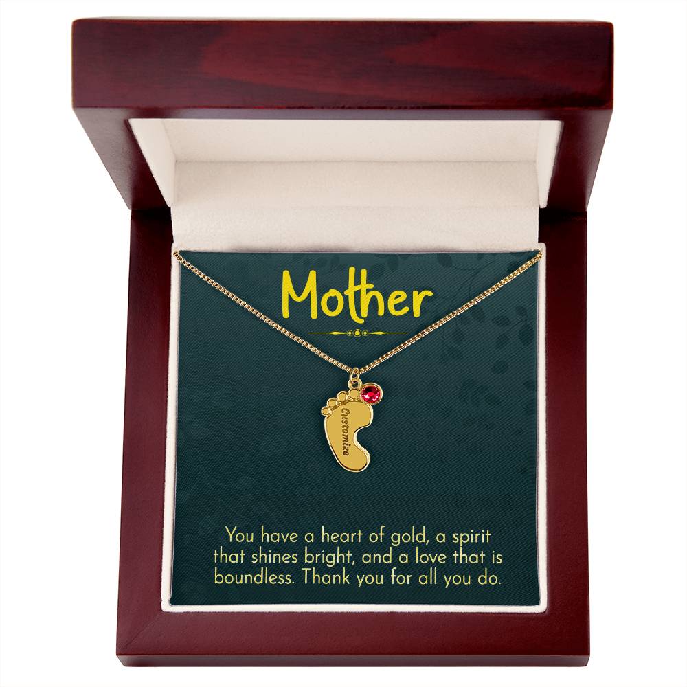 Engraved Baby Feet Necklace with Birthstone - Mom, Thank You for All You Do