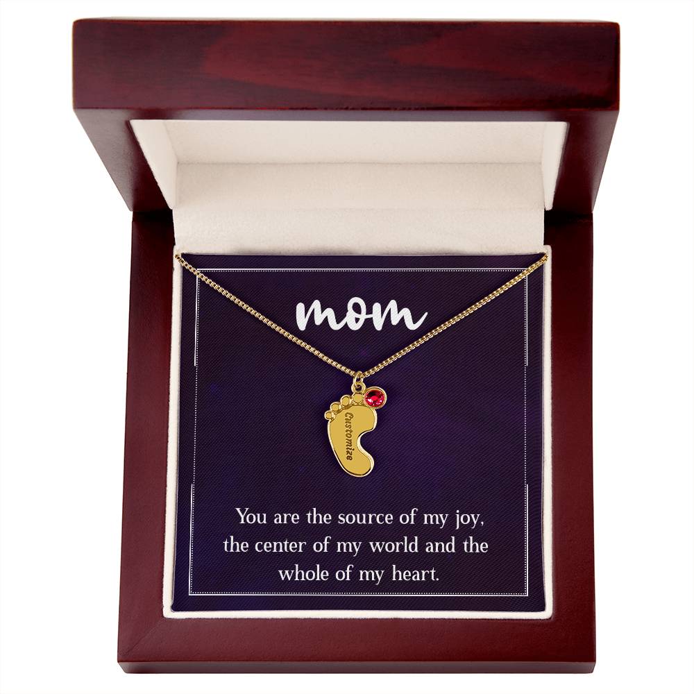 Engraved Baby Feet Necklace with Birthstone - Mom, You Are The Source Of My Joy