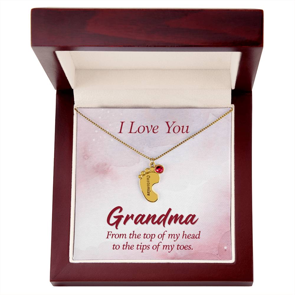 Engraved Baby Feet Necklace with Birthstone - I Love You Grandma