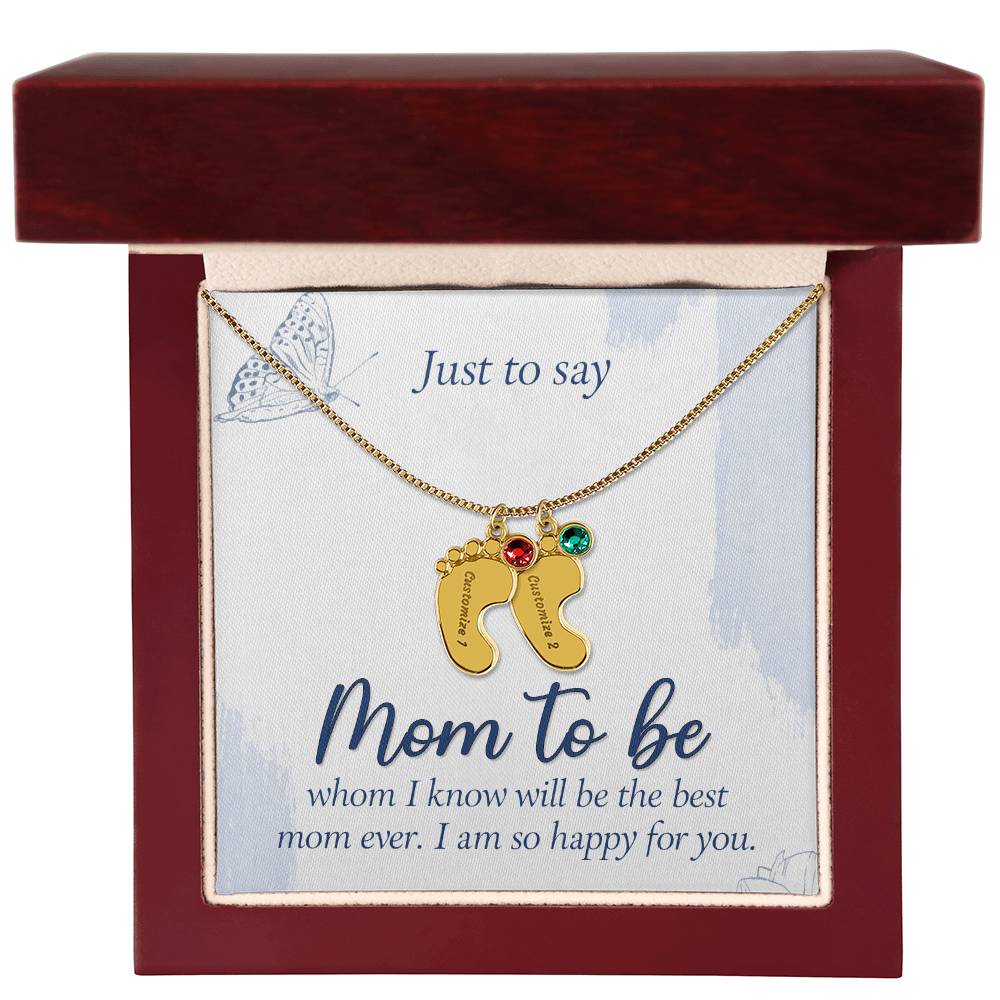 Engraved Baby Feet Necklace with Birthstone - Mom To Be