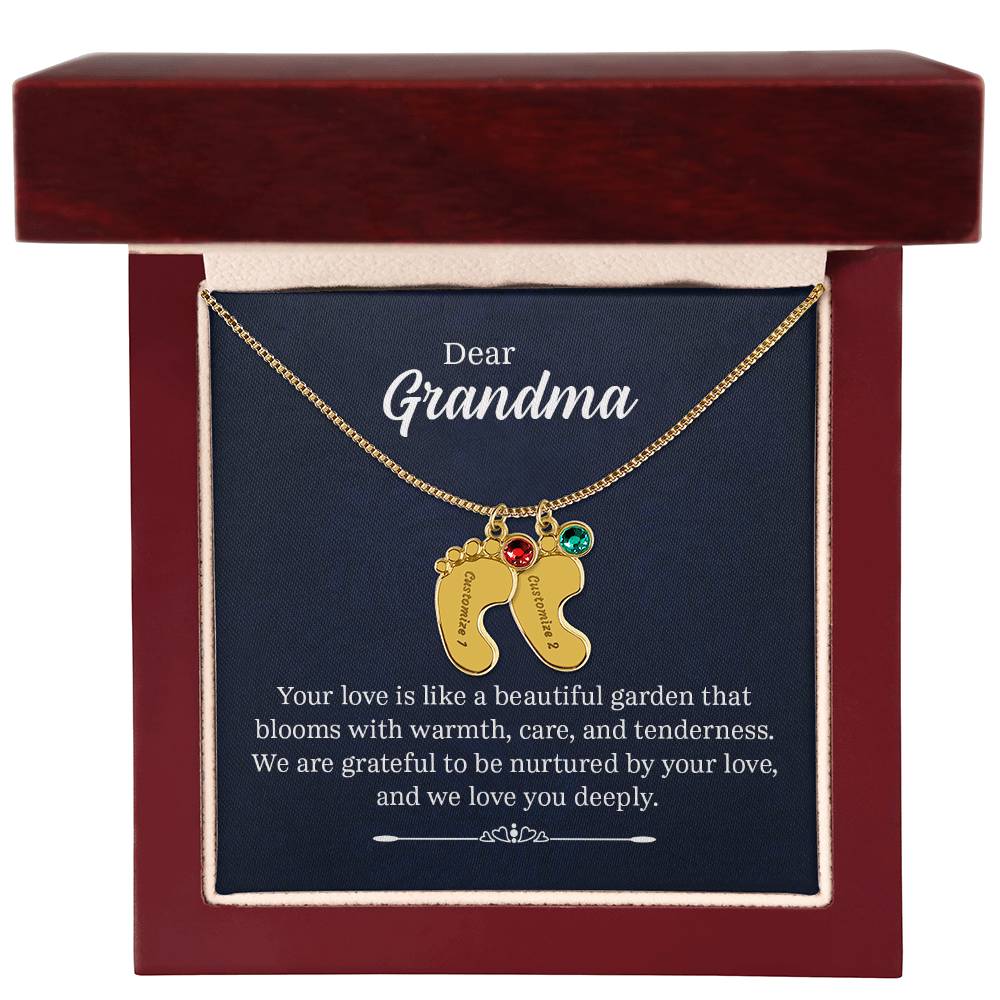 Engraved Baby Feet Necklace with Birthstone - Dear Grandma
