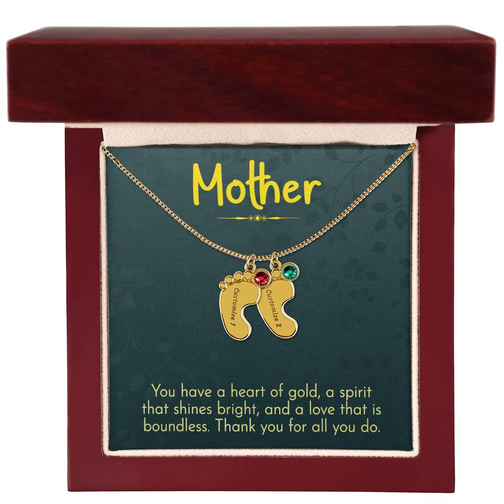 Engraved Baby Feet Necklace with Birthstone - Mom, Thank You for All You Do