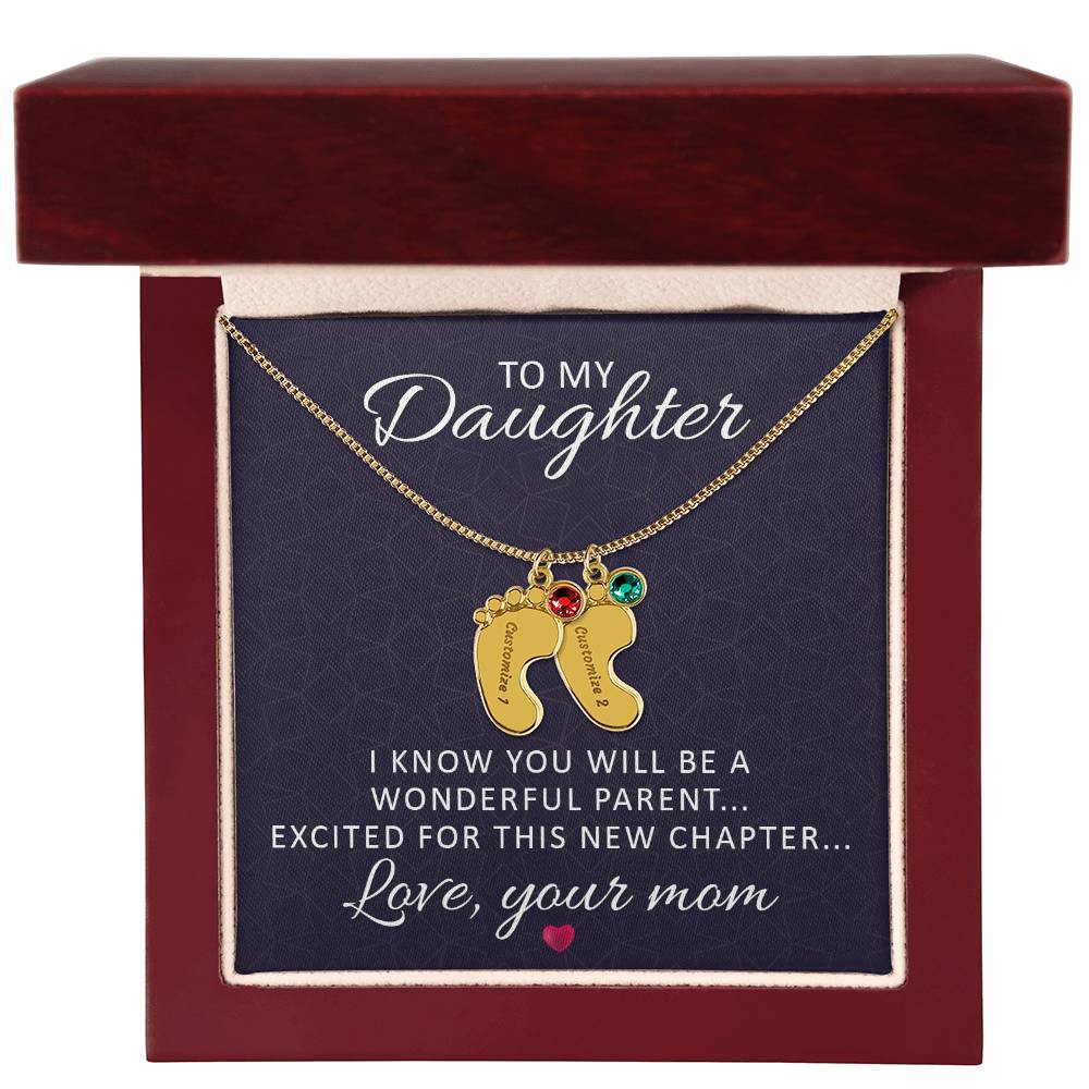 Engraved Baby Feet Necklace with Birthstone - I Know You Will Be A Wonderful Parent