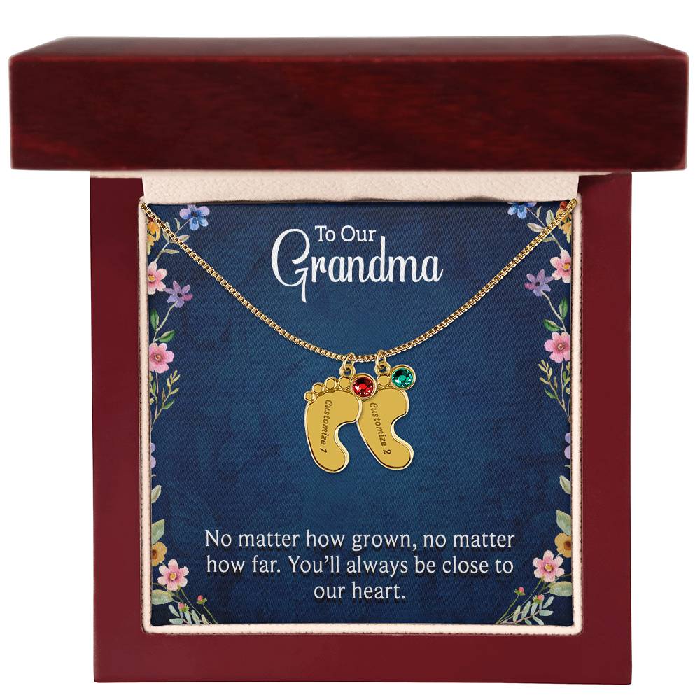 Engraved Baby Feet Necklace with Birthstone - To Our Grandma