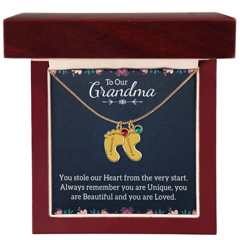 Engraved Baby Feet Necklace with Birthstone -To Our Grandma