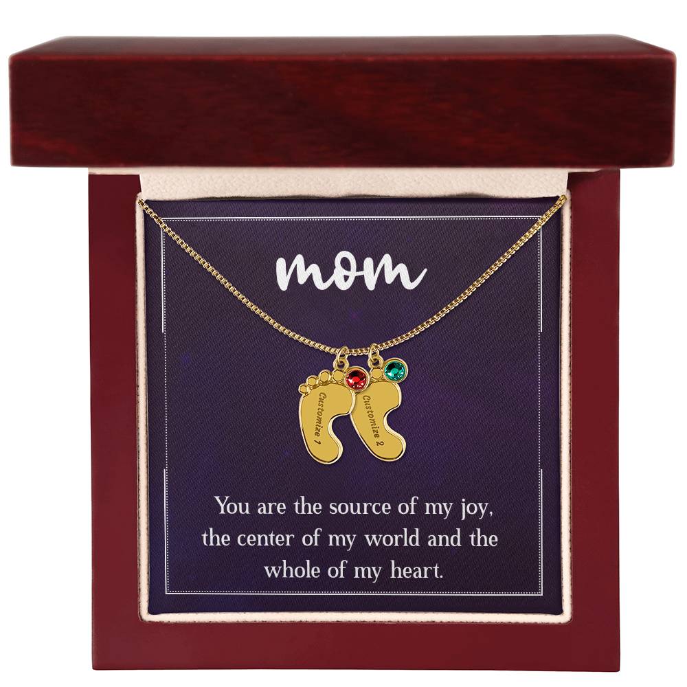 Engraved Baby Feet Necklace with Birthstone - Mom, You Are The Source Of My Joy