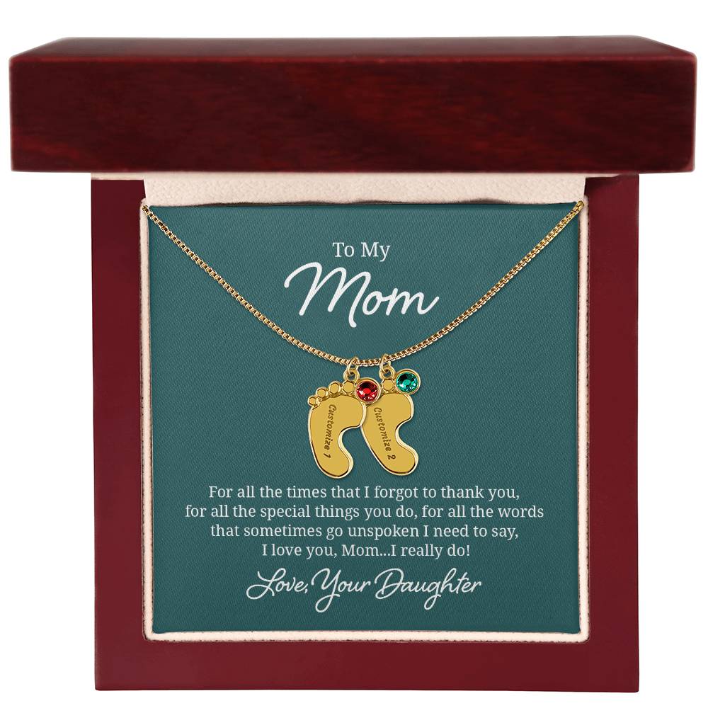 Engraved Baby Feet Necklace with Birthstone - I Love You Mom