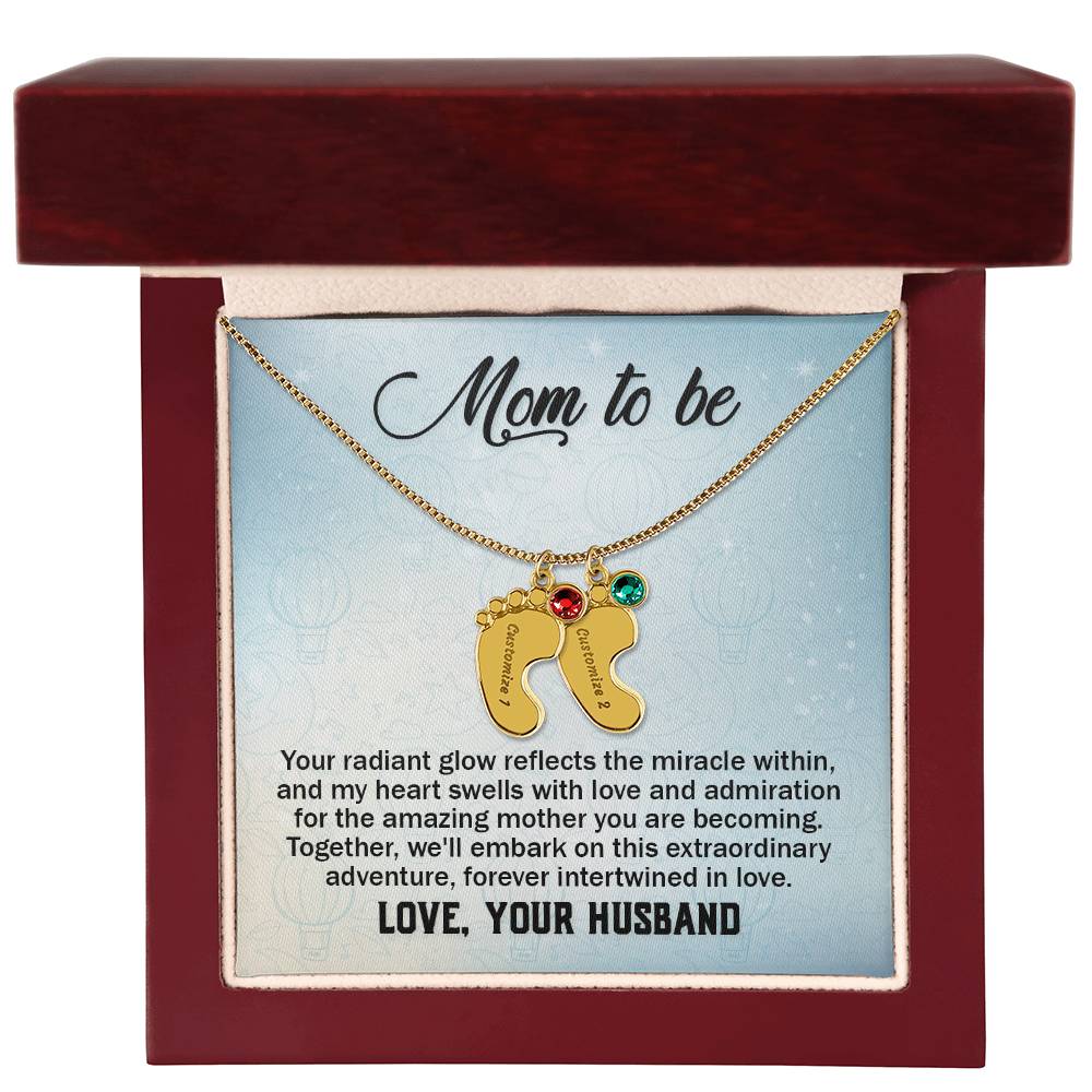 Engraved Baby Feet Necklace with Birthstone - Mom To Be
