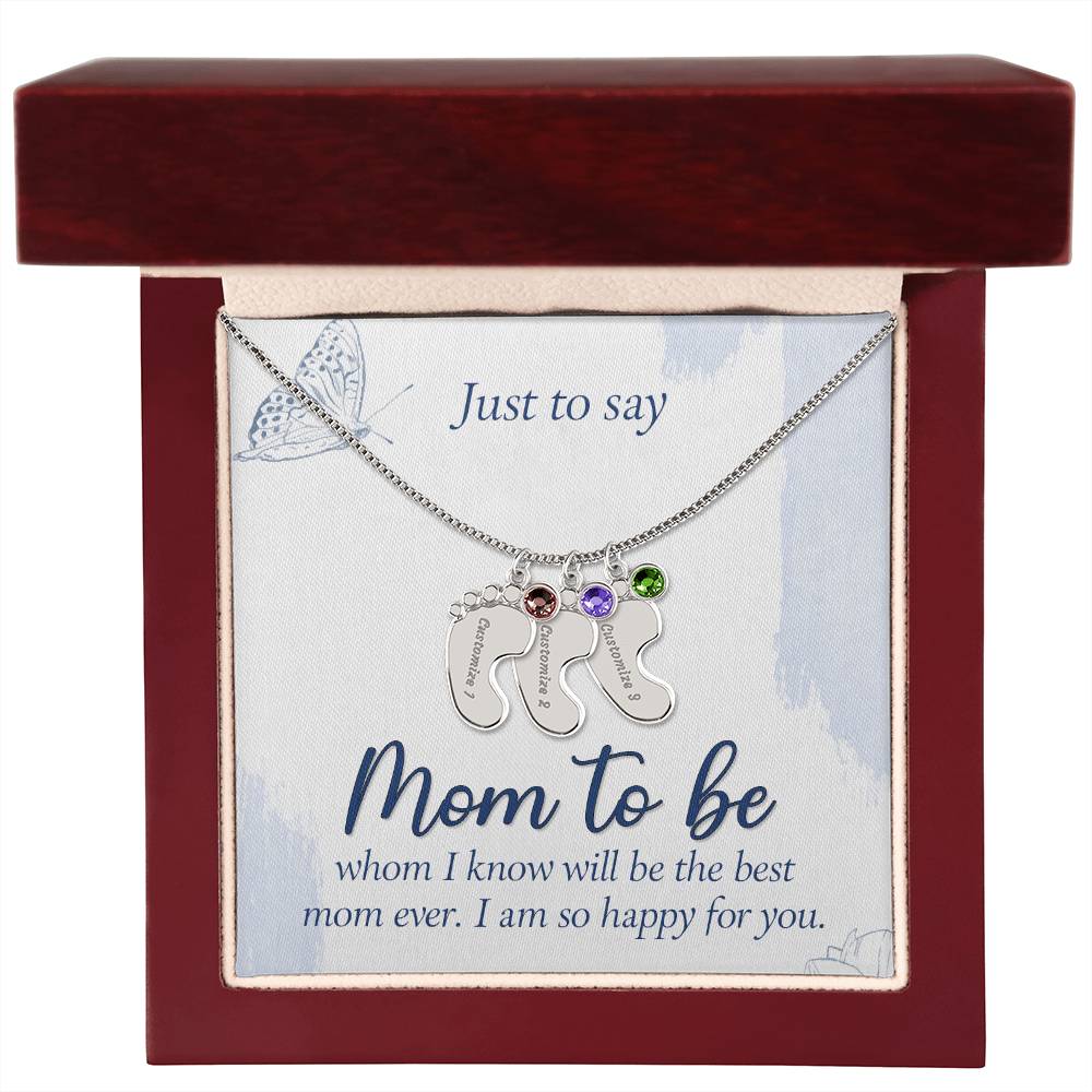 Engraved Baby Feet Necklace with Birthstone - Mom To Be