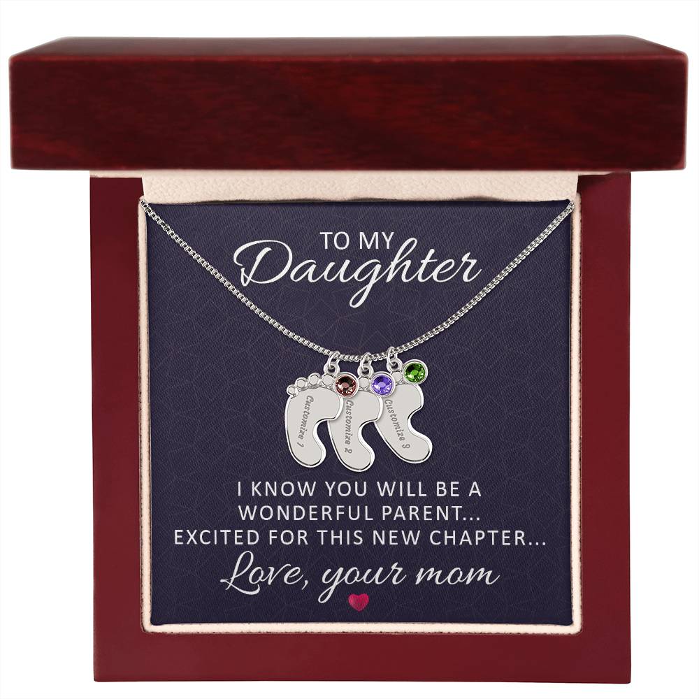 Engraved Baby Feet Necklace with Birthstone - I Know You Will Be A Wonderful Parent