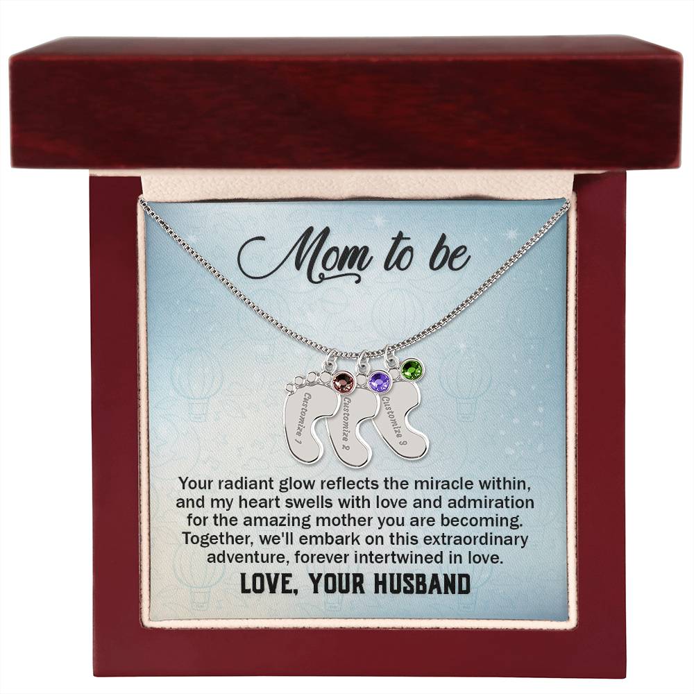 Engraved Baby Feet Necklace with Birthstone - Mom To Be