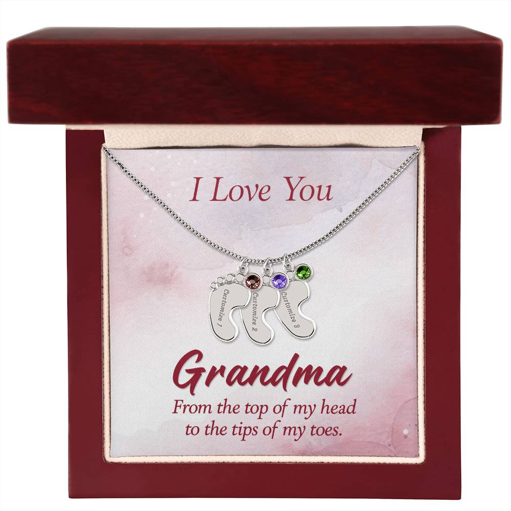 Engraved Baby Feet Necklace with Birthstone - I Love You Grandma