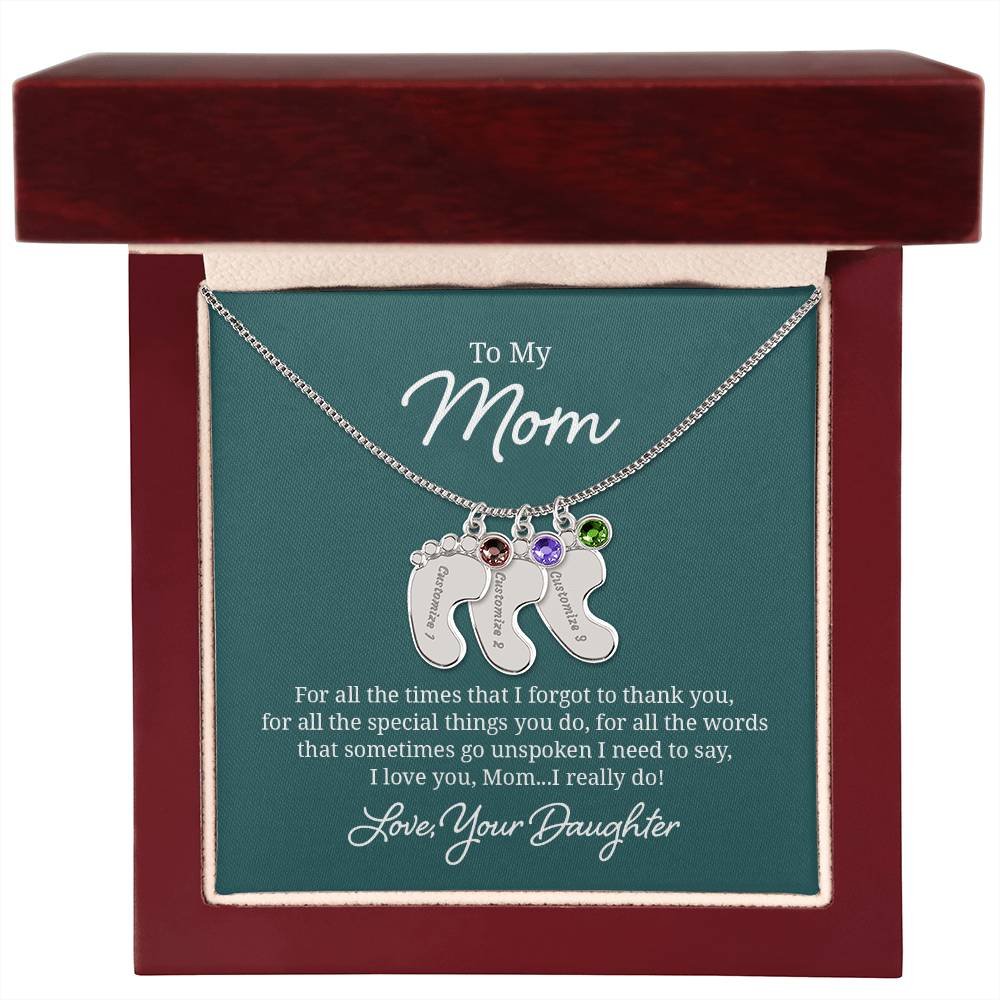 Engraved Baby Feet Necklace with Birthstone - I Love You Mom