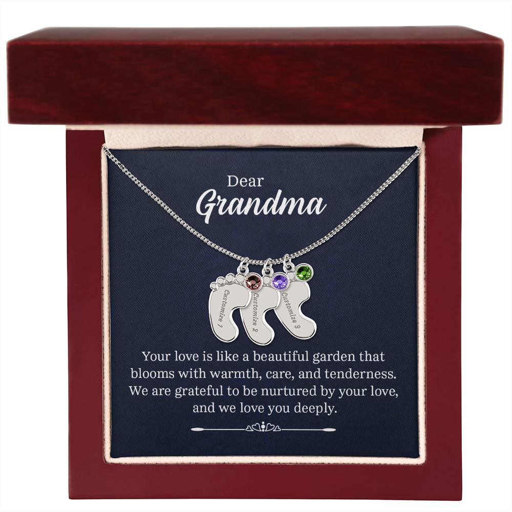 Engraved Baby Feet Necklace with Birthstone - Dear Grandma