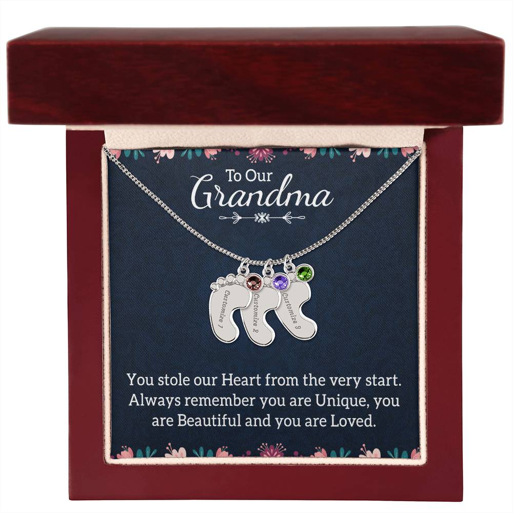 Engraved Baby Feet Necklace with Birthstone -To Our Grandma