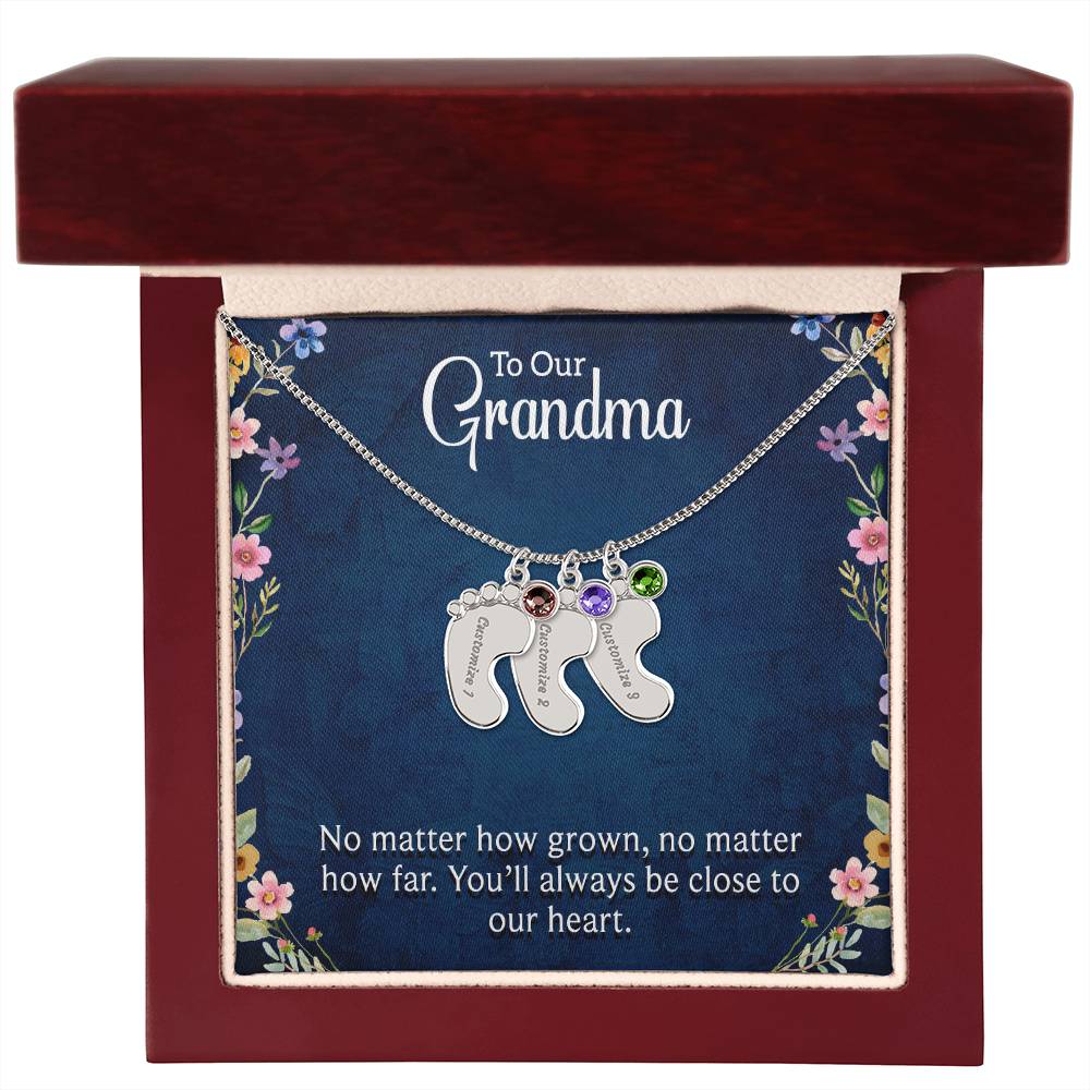 Engraved Baby Feet Necklace with Birthstone - To Our Grandma