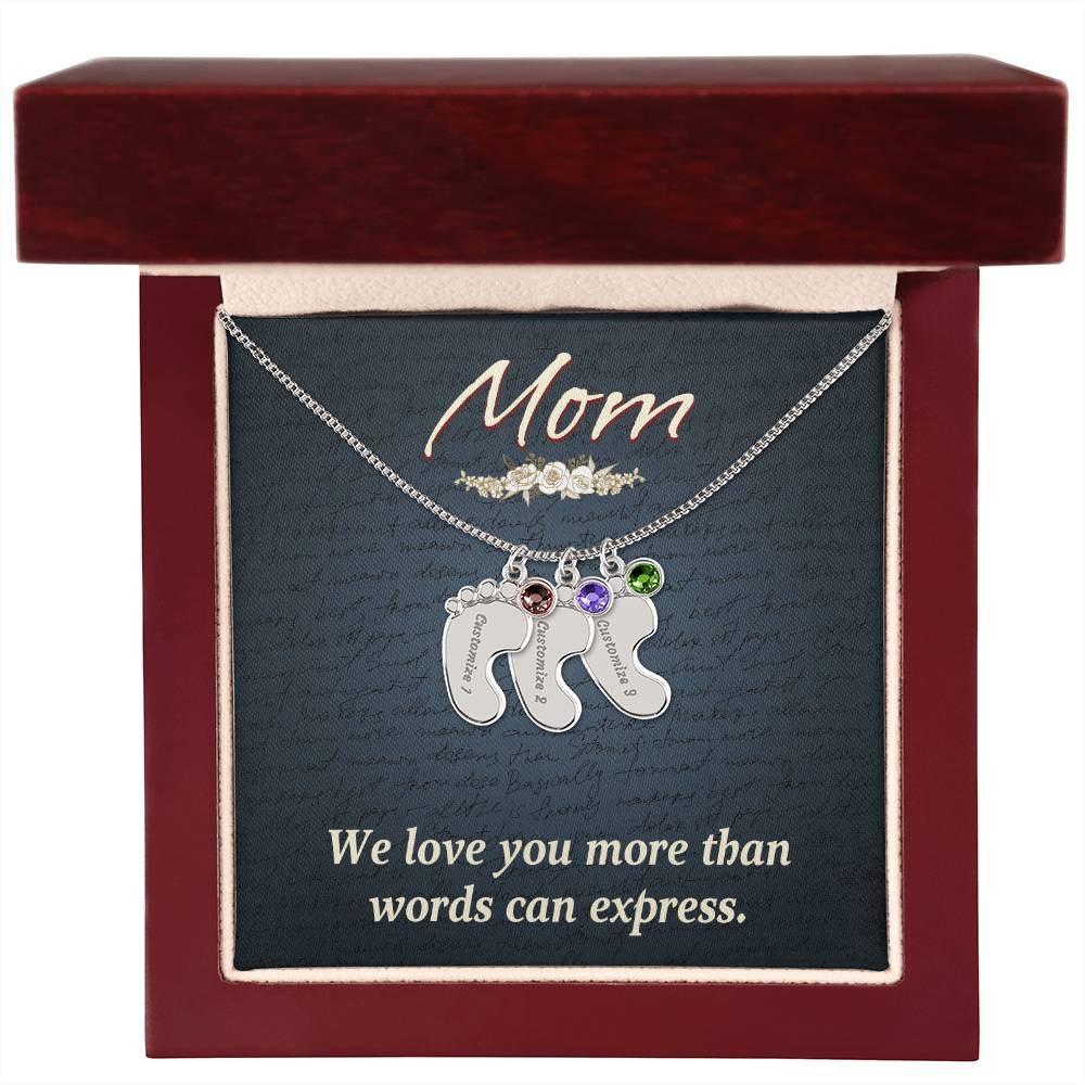 Engraved Baby Feet Necklace with Birthstone - Mom, We Love You