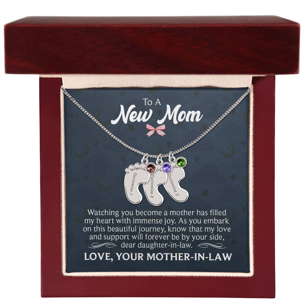 Engraved Baby Feet Necklace with Birthstone - To A New Mom