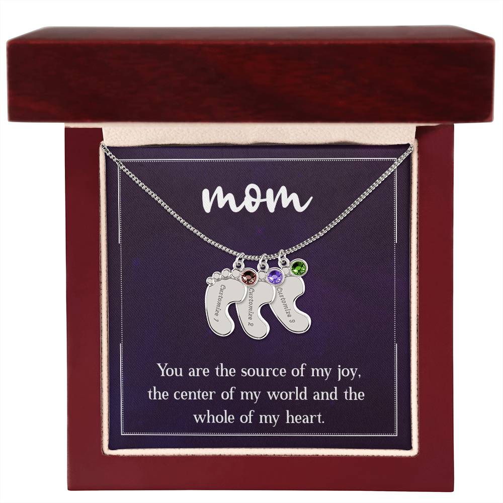 Engraved Baby Feet Necklace with Birthstone - Mom, You Are The Source Of My Joy