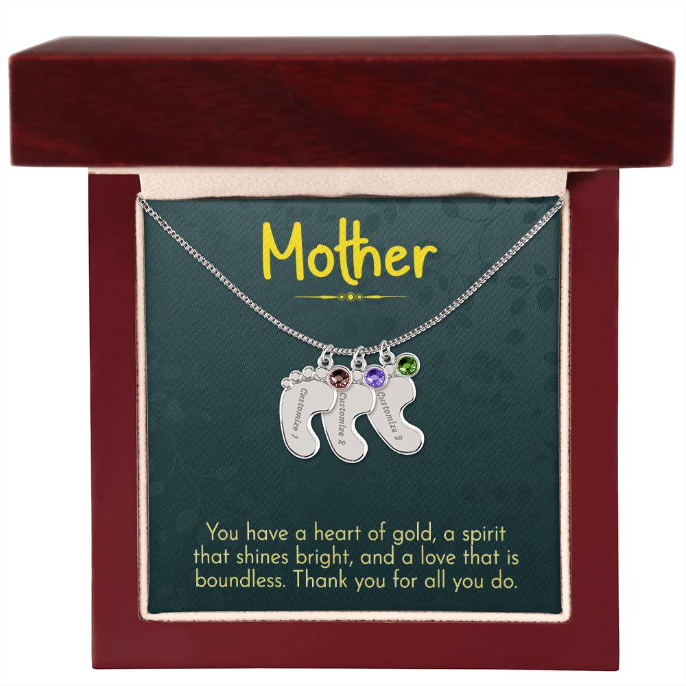 Engraved Baby Feet Necklace with Birthstone - Mom, Thank You for All You Do