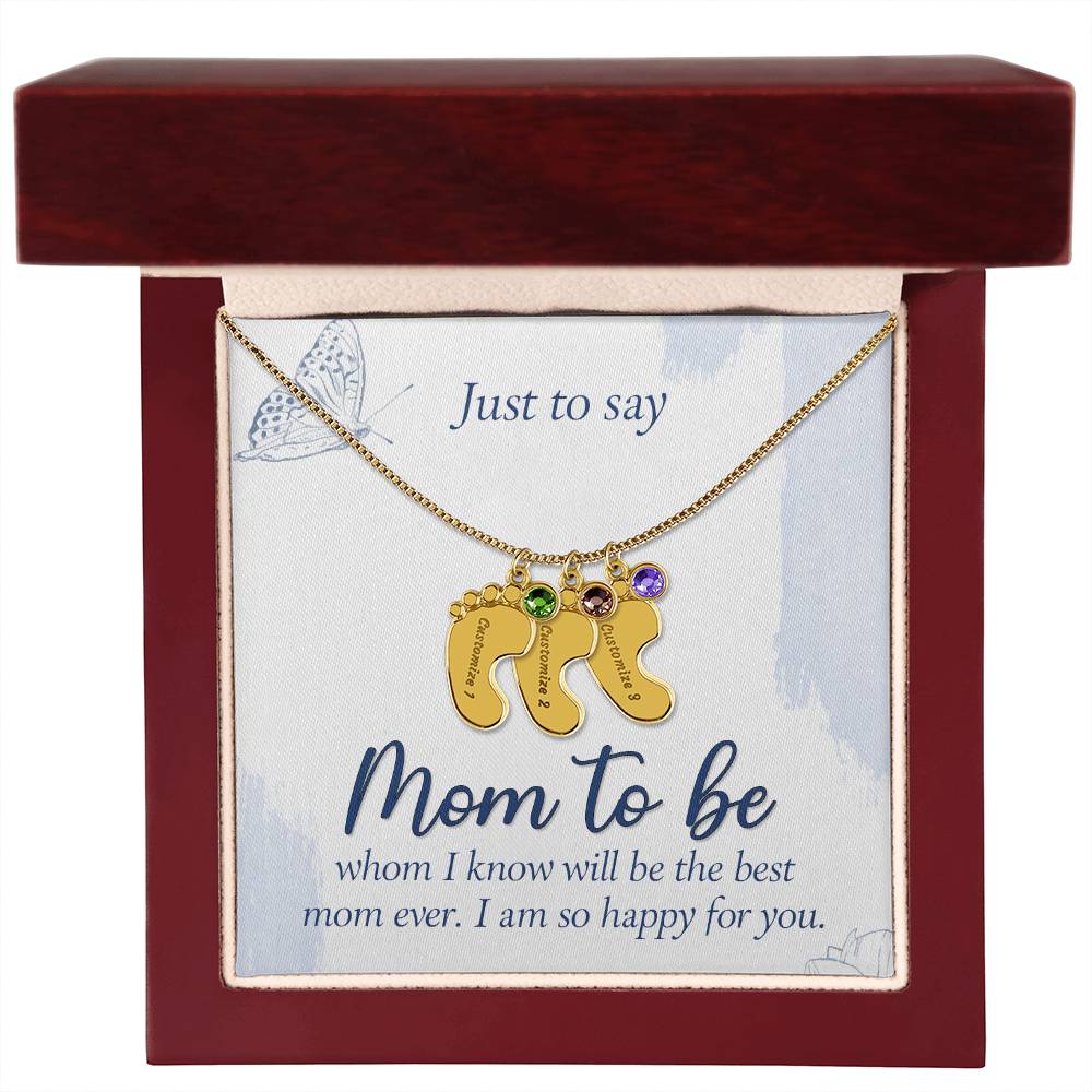 Engraved Baby Feet Necklace with Birthstone - Mom To Be
