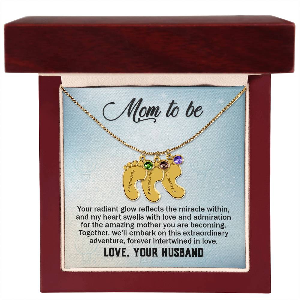 Engraved Baby Feet Necklace with Birthstone - Mom To Be