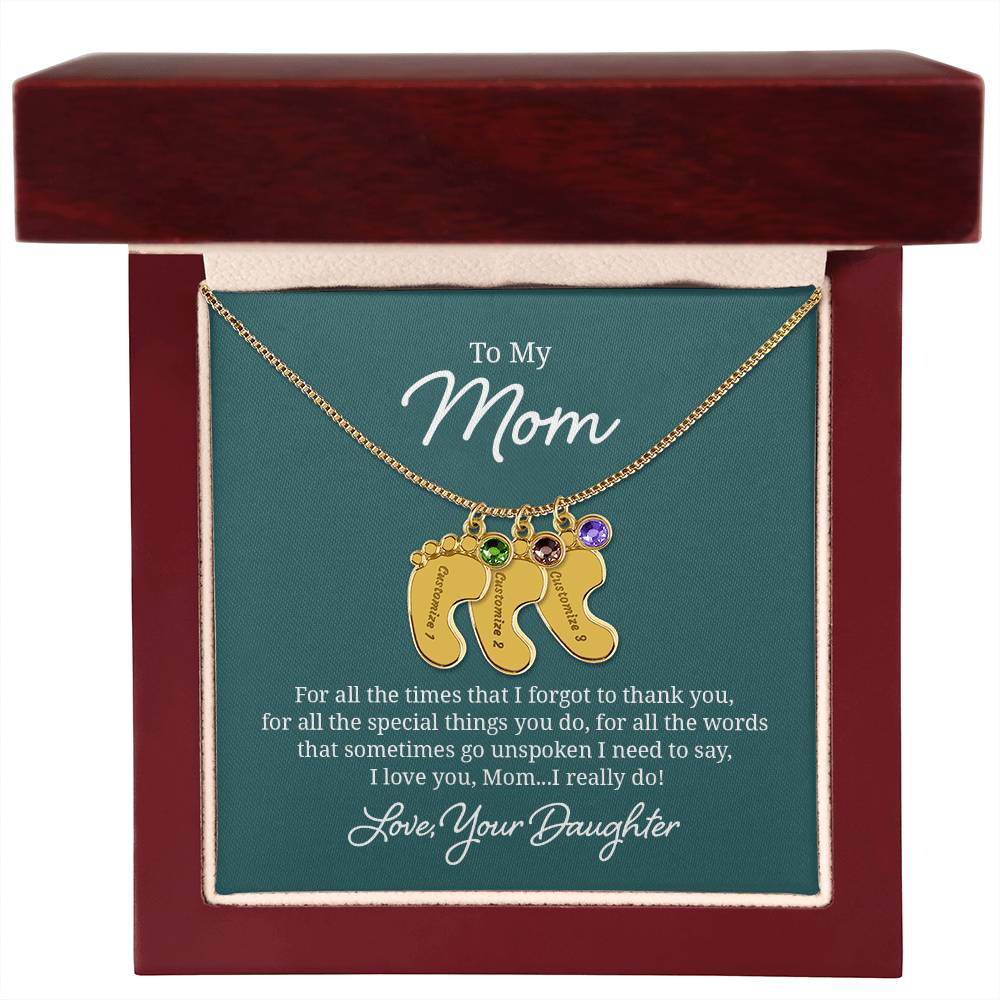 Engraved Baby Feet Necklace with Birthstone - I Love You Mom